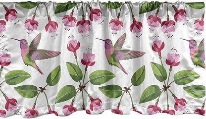 Lunarable Hummingbird Window Valance Pack of 2, Retro Arrangement Exotic Animal Pattern Needlework Inspired Illustration, Rod Pocket Curtain Valances for Kitchen Bedroom, 54" X 18", Pink Green