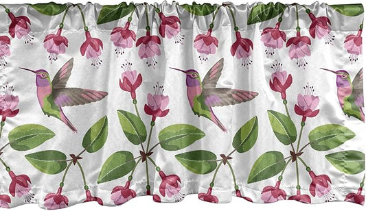 Lunarable Hummingbird Window Valance Pack of 2, Retro Arrangement Exotic Animal Pattern Needlework Inspired Illustration, Rod Pocket Curtain Valances for Kitchen Bedroom, 54" X 18", Pink Green