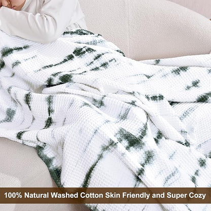 PHF 100% Cotton Tie-dye Waffle Weave Blanket Queen Size,Soft Breathable Skin-Friendly Durable Layering for All Season, Manual Elegant Delicate Pattern for Bed, Home Decor, Couch,Tie Dyed Green, 90x90