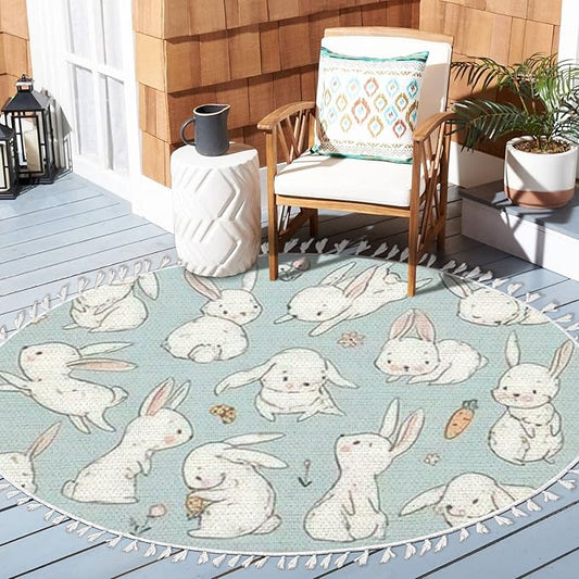 Round Rugs Cute Bunny Carrot Collection Hand Drawn Boho Area Rug Linen and Cotton Carpet Meditation Rug Washable Hallway Runner Mat Accent Rug for Bedroom Bathroom 4ft