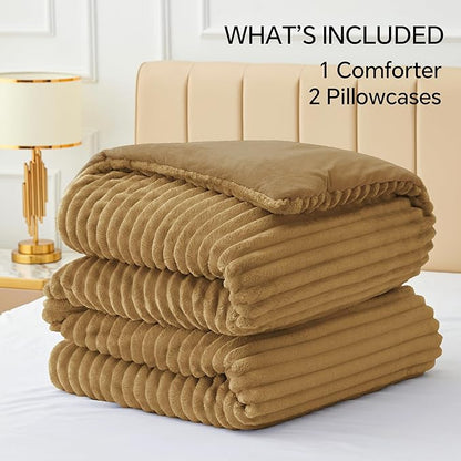 BEDELITE Fleece Full Comforter Set -Super Soft & Warm Fluffy Brown Bedding, Luxury Fuzzy Heavy Bed Set for Winter with 2 Pillow Cases
