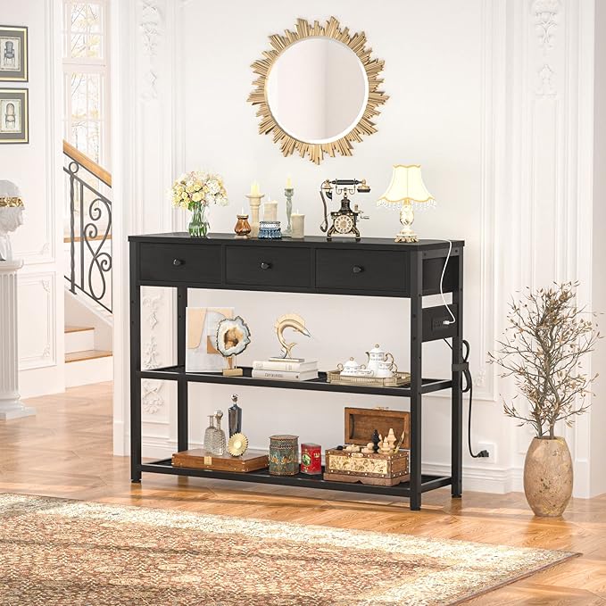 Ecopriso 47'' Entryway Table with Outlets and USB Ports, Console Table with 3 Drawers, Sofa Table Narrow Long with Storage Shelves for Living Room, Couch, Hallway, Foyer, Kitchen Counter, Black