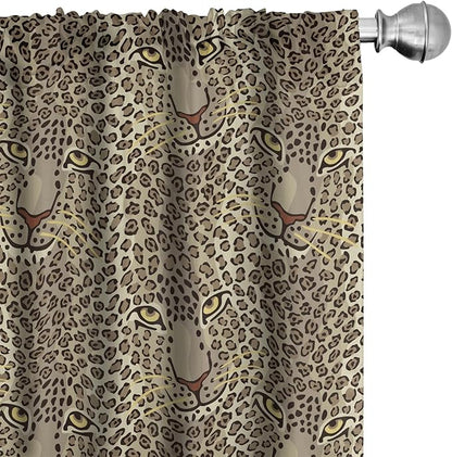 Ambesonne Leopard Print Curtains, Repetitive Cartoon Leo Wild Big Cat Faces in Natural Earthy Tones, Window Treatments 2 Panel Set for Living Room Bedroom, Pair of - 28" x 84", Tan
