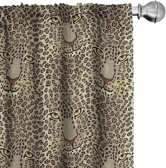 Ambesonne Leopard Print Curtains, Repetitive Cartoon Leo Wild Big Cat Faces in Natural Earthy Tones, Window Treatments 2 Panel Set for Living Room Bedroom, Pair of - 28" x 84", Tan