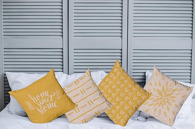 Ambesonne Modern Throw Pillow Cushion Case Pack of 4, Scandinavian Minimal Ornaments Boho Feather Leaves and Home Phrase, Modern Accent Double-Sided Digital Printing, 20", Pale Tan and Earth Yellow