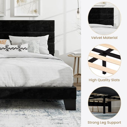 SHA CERLIN Full Platform Bed Frame with Velvet Upholstered Headboard, Mattress Foundation with Strong Wooden Slats Support, No Box Spring Needed, Black