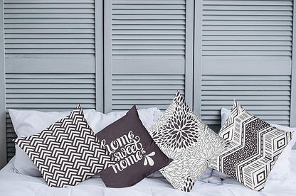 Ambesonne Geometric Throw Pillow Cushion Case Pack of 4, Home Phrase Minimal Zigzag Squama Dahlia Flower Petals Chevron Tribal, Modern Accent Double-Sided Digital Printing, 16", Dark Mauve and White