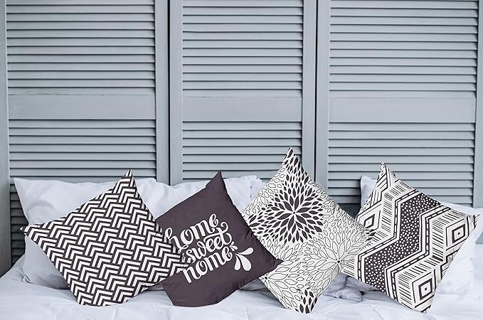 Ambesonne Geometric Throw Pillow Cushion Case Pack of 4, Home Phrase Minimal Zigzag Squama Dahlia Flower Petals Chevron Tribal, Modern Accent Double-Sided Digital Printing, 20", Dark Mauve and White