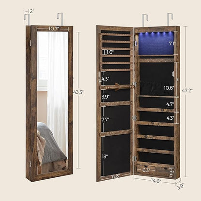 SONGMICS 6 LEDs Mirror Jewelry Cabinet, 47.2-Inch Tall Lockable Wall or Door Mounted Jewelry Armoire Organizer with Mirror, 2 Drawers, Christmas Gift, 3.9 x 14.6 x 47.2 Inches, Rustic Brown