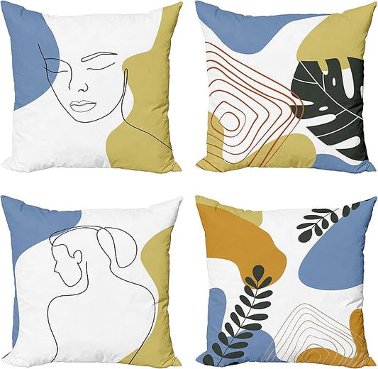 Ambesonne Minimal Throw Pillow Cushion Case Pack of 4, Modern Line Art Woman Portrait with Contemporary Leafy Geometric Details, Modern Accent Double-Sided Digital Printing, 18", Mustard and Blue Grey