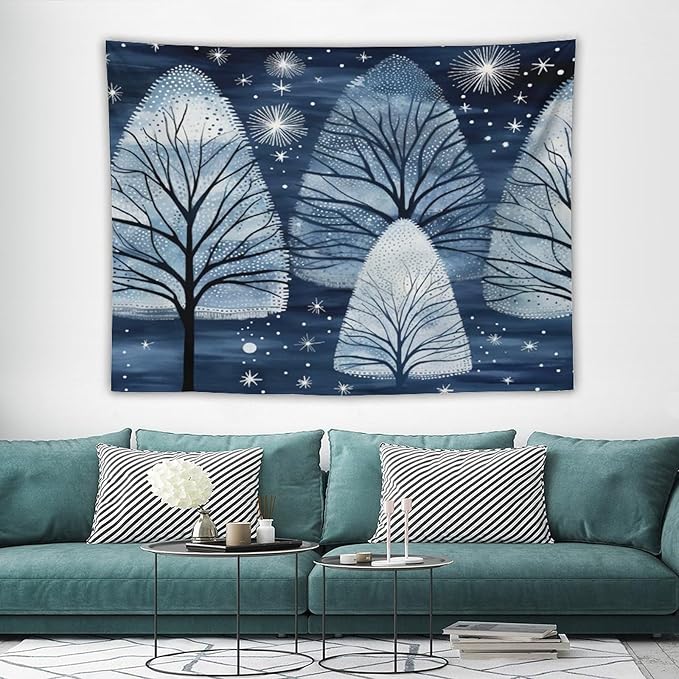 Tapestry Trendy Blue Silver Glitter Tree Christmas Tapestries for Bedroom Aesthetic Christmas Tapestry As Wall Art Wall Hanging for Living Room Dorm Landscape 60"x80" Christmas Family Party