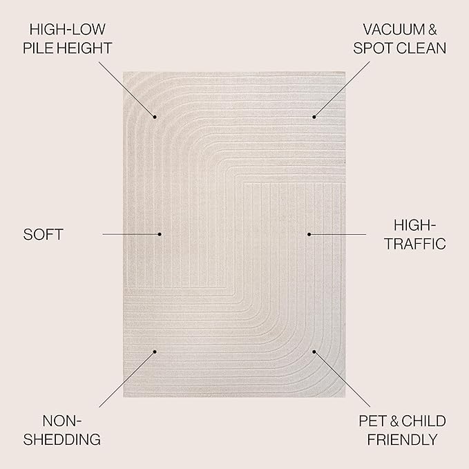 Eyely NCS101A-7R Scandinavian Odense Minimalist Angle Geometric Indoor Rug, Pet Friendly, Non-Shedding, Stain Resistant, Easy-Cleaning, Ivory/Cream, 7' Round, Indoor/Outdoor, Area Rug