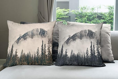 Ambesonne Mountain Throw Pillow Cushion Case Pack of 4, Misty Peaks and Hills Wild Nature Adventure Pine Forest Landscape, Modern Accent Double-Sided Digital Printing, 24", Eggshell Night