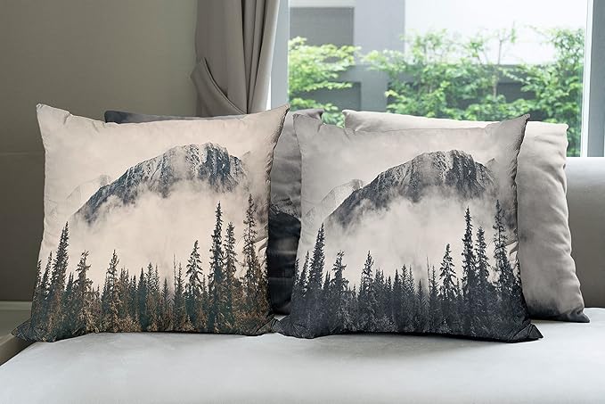 Ambesonne Mountain Throw Pillow Cushion Case Pack of 4, Misty Peaks and Hills Wild Nature Adventure Pine Forest Landscape, Modern Accent Double-Sided Digital Printing, 20", Eggshell Night