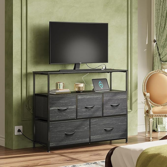 WLIVE Dresser for Bedroom, 5 Drawer Dressers with Charging Station, Fabric Chest of Drawers with Open Shelves, Storage Dresser for Living Room, Closet, Entryway, Charcoal Black Wood Grain Printt