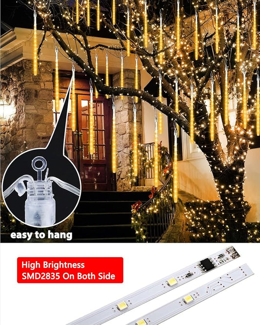 Joomer 2Pack Christmas Lights Outdoor, 11.8 inch 10 Tubes 240 LED Meteor Shower Lights, LED Falling Icicle Cascading Light with Timer Waterproof and Connectable for Christmas Decoration (Warm White)