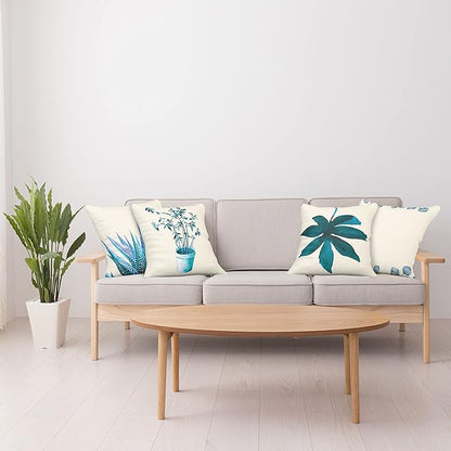 Ambesonne Botanical Throw Pillow Cushion Case Pack of 4, Minimalist Watercolor Painting Leaves Agave Branches Plant in a Pot, Modern Accent Double-Sided Digital Printing, 18", Teal Sea Blue and White
