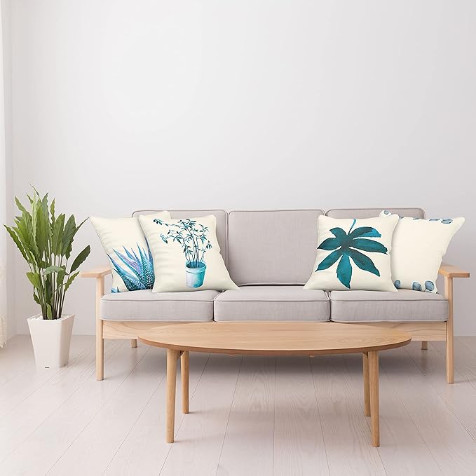 Ambesonne Botanical Throw Pillow Cushion Case Pack of 4, Minimalist Watercolor Painting Leaves Agave Branches Plant in a Pot, Modern Accent Double-Sided Digital Printing, 24", Teal Sea Blue and White