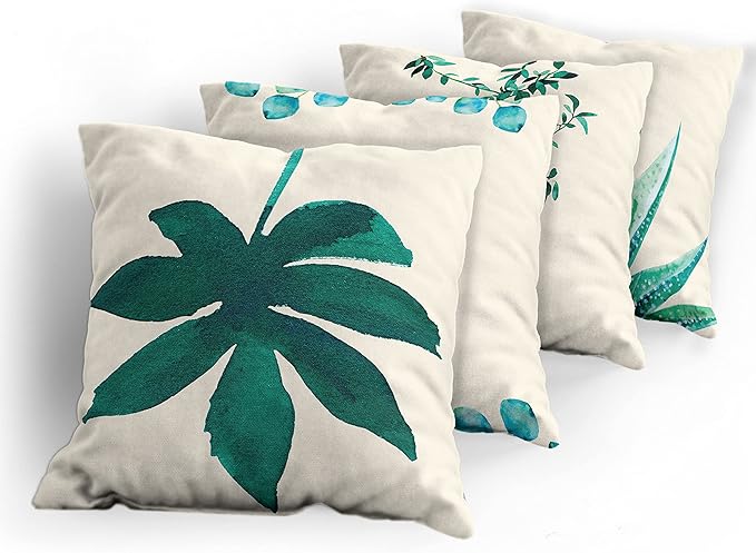 Ambesonne Botanical Throw Pillow Cushion Case Pack of 4, Minimalist Watercolor Painting Leaves Agave Branches Plant in a Pot, Modern Accent Double-Sided Digital Printing, 20", Teal Turquoise and White