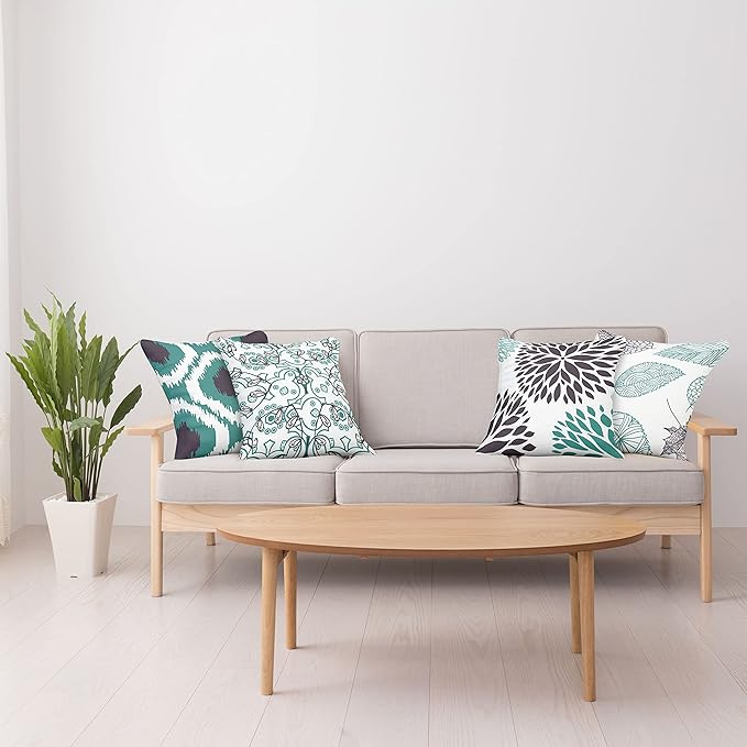 Ambesonne Vintage Throw Pillow Cushion Case Pack of 4, Bohemian Ornamental Leaves Dahlia Pattern Geometric Art Curlicue Motif, Modern Accent Double-Sided Digital Printing, 16", Teal Indigo and White