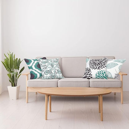 Ambesonne Vintage Throw Pillow Cushion Case Pack of 4, Bohemian Ornamental Leaves Dahlia Pattern Geometric Art Curlicue Motif, Modern Accent Double-Sided Digital Printing, 16", Teal Indigo and White