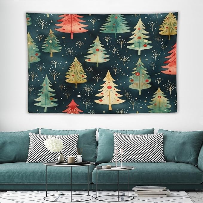 Vintage Christmas Tree Watercolor Tapestry Wall Hanging Vintage Christmas Wall Hanging Wall Tapestry Aesthetic Tapestry for Bedroom Colorful Wall Hanging Aesthetic Wall Art For Room Decor 60"x90"