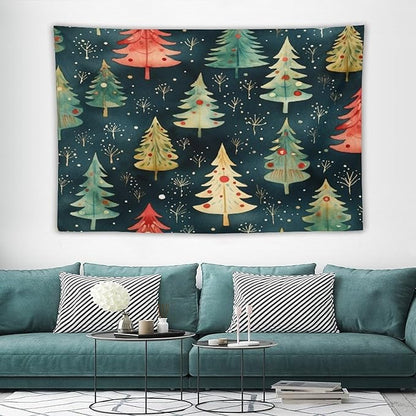 Vintage Christmas Tree Watercolor Tapestry Wall Hanging Vintage Christmas Wall Hanging Wall Tapestry Aesthetic Tapestry for Bedroom Colorful Wall Hanging Aesthetic Wall Art For Room Decor 60"x90"
