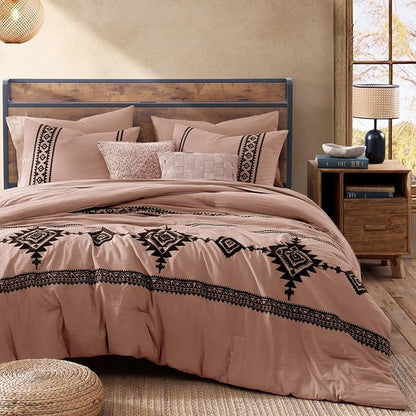 MaiRêve Embroidery Full Size Comforter Set Dusty Pink, Farmhouse Western Boho Bedding Set 7 Pieces, All Season Bed in A Bag Comforter Set with Sheets, Pillowcases & Shams