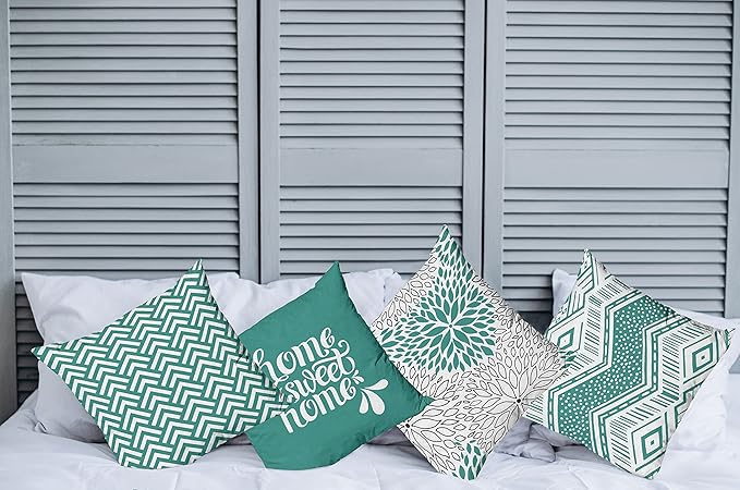 Ambesonne Geometric Throw Pillow Cushion Case Pack of 4, Home Phrase Minimal Zigzag Squama Dahlia Flower Petals Chevron Tribal, Modern Accent Double-Sided Digital Printing, 18", Dark Seafoam and White