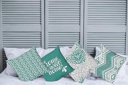 Ambesonne Geometric Throw Pillow Cushion Case Pack of 4, Home Phrase Minimal Zigzag Squama Dahlia Flower Petals Chevron Tribal, Modern Accent Double-Sided Digital Printing, 18", Dark Seafoam and White