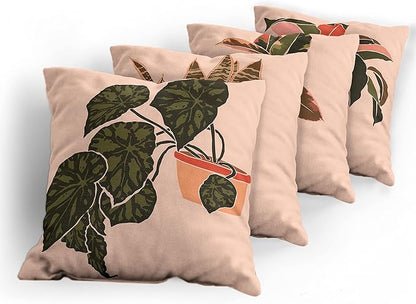 Ambesonne Botanical Throw Pillow Cushion Case Pack of 4, Digital Watercolor Effect Modern Print of House Plants Leaves Pots, Modern Accent Double-Sided Digital Printing, 20", Peach Emerald and Salmon