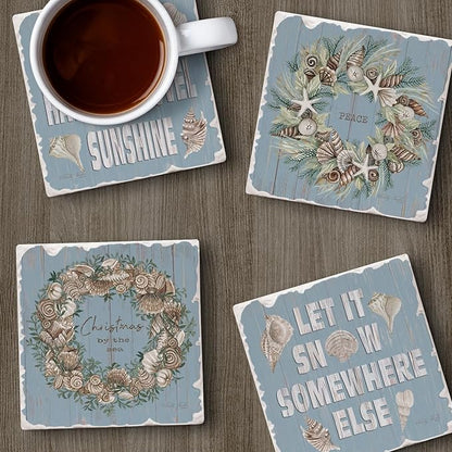 Thirstystone Let It Snow 4 Pack Assorted Tumbled Tile Stone Coasters with Protective Cork Backing 4" Square Manufactured in The USA