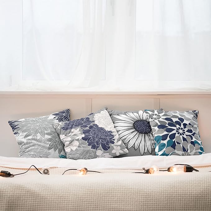 Ambesonne Floral Throw Pillow Cushion Case Pack of 4, Flower Petals Modern Color Palette Cold Tones Chamomile Peony Dahlia Sunflower, Modern Accent Double-Sided Digital Printing, 24", Grey Navy Blue
