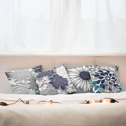 Ambesonne Floral Throw Pillow Cushion Case Pack of 4, Flower Petals Modern Color Palette Cold Tones Chamomile Peony Dahlia Sunflower, Modern Accent Double-Sided Digital Printing, 18", Grey Navy Blue