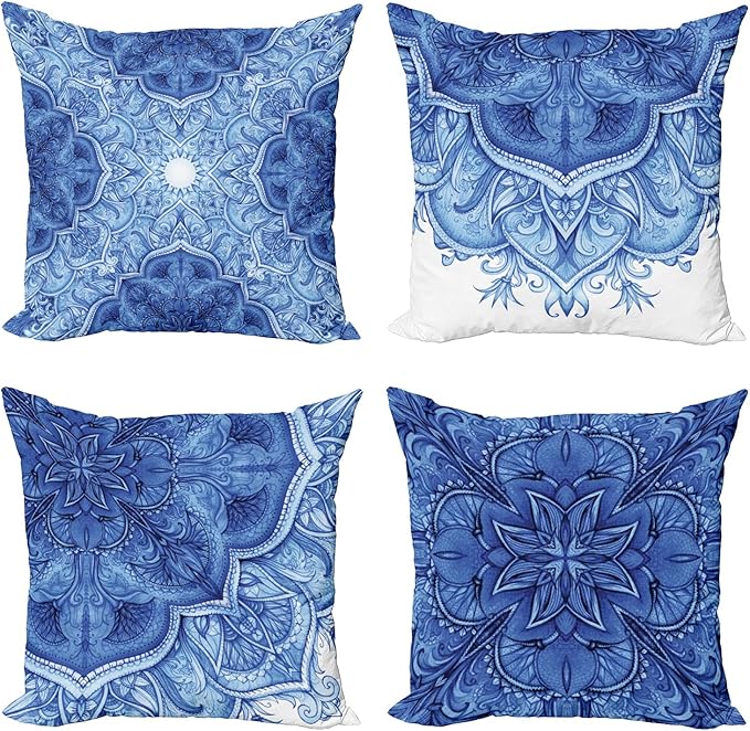 Ambesonne Ethnic Throw Pillow Cushion Case Pack of 4, Mandala Inspired Folk Art Themed Creative Motifs Mosaic Like Illustration Print, Modern Accent Double-Sided Digital Printing, 18", Blue White