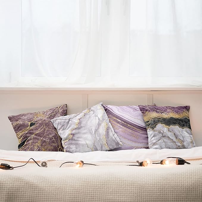 Ambesonne Marble Print Throw Pillow Cushion Case Pack of 4, Quartz Inspired Design of Stone Surface Look Print Modern Style Stained, Modern Accent Double-Sided Digital Printing, 24", Mauve Lilac Grey