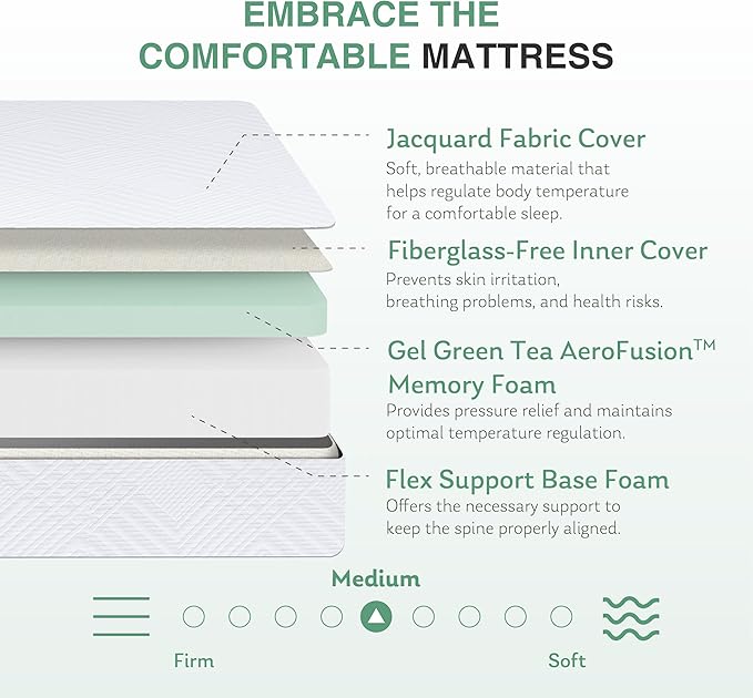 King Mattress in a Box, 10 inch Mattresses for Platform Bed Double Size Daybed, Green Tea Memory Foam Medium Firm