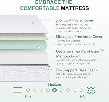 King Mattress in a Box, 10 inch Mattresses for Platform Bed Double Size Daybed, Green Tea Memory Foam Medium Firm
