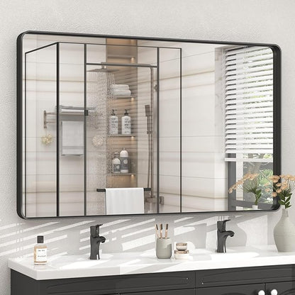48x30 Inch Black Framed Mirror for Wall, Matte Black Bathroom Rectangle Mirror, Rounded Corner, Anti-Rust, Shatterproof (Horizontal/Vertical)