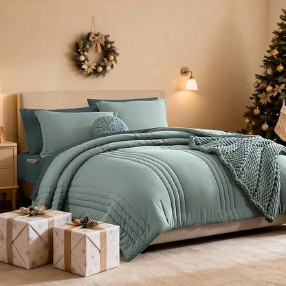 Monbix King Size Comforter Set - 7 Pieces Bed in a Bag King, Sage Green Bedding Sets with Comforter, All Seasons Comforter Bed Set with Sheets, Pillowcases & Shams