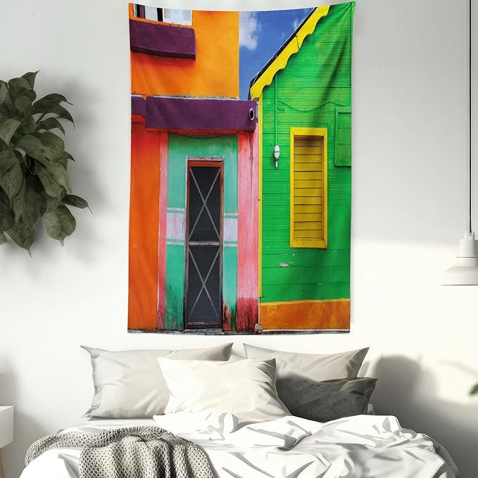 Lunarable Mexican Tapestry, Caribbean Houses in Vibrant Color Scheme in Isla Mujeres Mexico Latin America Photo, Wall Hanging for Bedroom Living Room Dorm Decor, 40" X 60", Green Pink