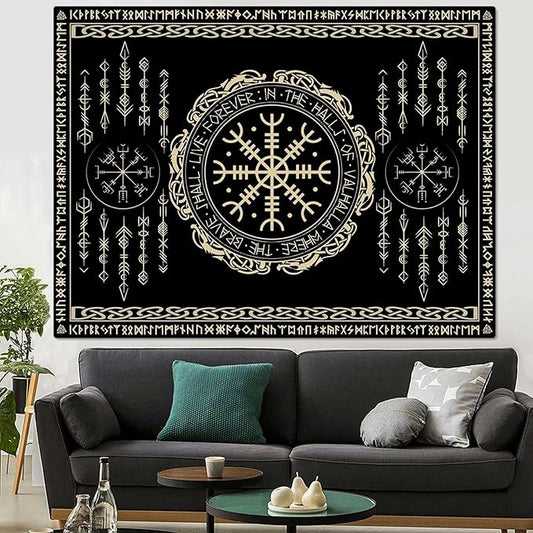 OSUNBD Nordic Vikings Tapestry Large 118x78inches Soft Flannel Vegvsir Symbol Amulet Celtic Rune Scandinavian Aesthetic Mythology Tapestry Wall Hanging for Bedroom Living Room Decor