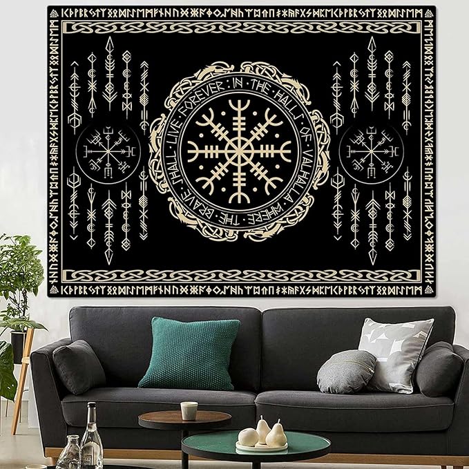 OSUNBD Nordic Vikings Tapestry Small 60x40inches Soft Flannel Vegvsir Symbol Amulet Celtic Rune Scandinavian Aesthetic Mythology Tapestry Wall Hanging for Bedroom Living Room Decor
