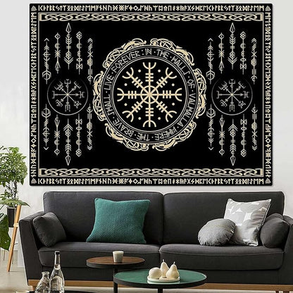 OSUNBD Nordic Vikings Tapestry Large 100x90inches Soft Flannel Vegvsir Symbol Amulet Celtic Rune Scandinavian Aesthetic Mythology Tapestry Wall Hanging for Bedroom Living Room Decor