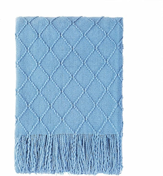 BOURINA Blue Throw Blanket 60x80 Inches Throw Textured Solid Soft Sofa Throw Couch Knitted Decorative Blanket