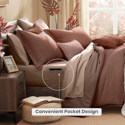 Monbix California King Comforter Set - 7 Pieces Cationic Dyeing Terracotta Bed in a Bag Cal King Bed Sets with Comforter, Sheets, Pillowcases & Shams, Reversible Bedding Comforters Sets (108 * 92)