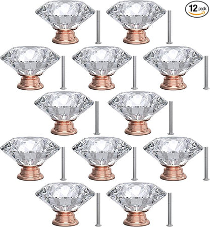 12-Pack Crystal Glass Cabinet Knobs for Home Decor, Vanity Drawers, Desks, Wardrobe Doors, Standard Screws Easy Installation for Home Refurbishment and Redecoration (Clear Crystal, 40mm, Pink Base)