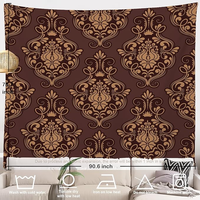 Batmerry Brown Damask Floral Tapestry, Vintage Golden Brown Damask Pattern Wall Art Hanging Decoration Polyester Fiber White Ruffled Around For Dorm Room Bedroom Living Room, 90.6 X 78.7 Inches