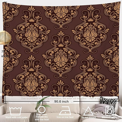 Batmerry Brown Damask Floral Tapestry, Vintage Golden Brown Damask Pattern Wall Art Hanging Decoration Polyester Fiber White Ruffled Around For Dorm Room Bedroom Living Room, 90.6 X 78.7 Inches