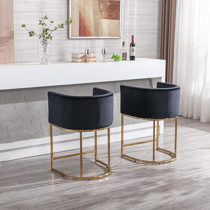 Modern Counter Height Velvet Upholstered Bar Stool, 24" Kitchen Counter Island Stool Bar Chairs with Gold Metal Frame for Kitchen Island, Black